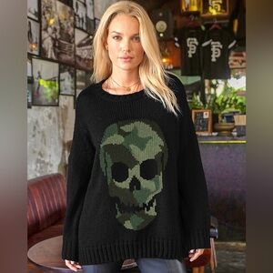 Wooden Ships Camo Skull Crew Chunky Sweater Size S/M